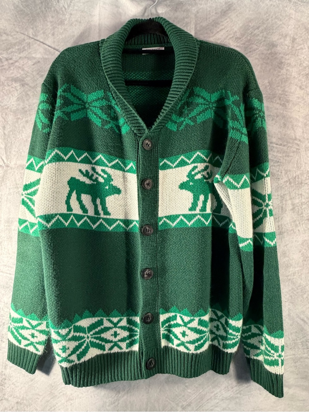 COOFANDY Men’s XXL Green Moose Nordic Shawl Collar Cardigan Sweater